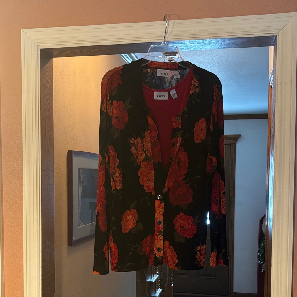 Chico's Black and Red Floral Blouse